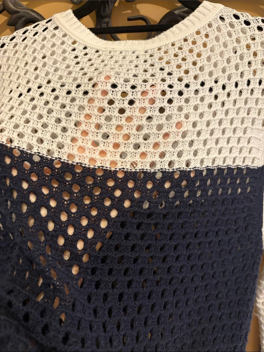 Cache Navy and White Open-Knit Crewneck Sweater